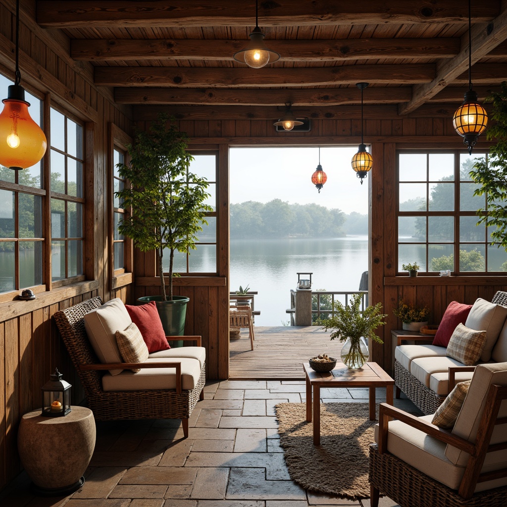 Prompt: Whimsical boathouse, rustic wooden accents, vintage nautical decor, colorful glass lanterns, woven wicker furniture, plush velvet cushions, distressed wood paneling, natural stone flooring, intricate rope details, soft warm lighting, 1/1 composition, intimate atmosphere, misty morning, serene lake views, lush greenery surroundings, tranquil water reflections, subtle texture overlays.