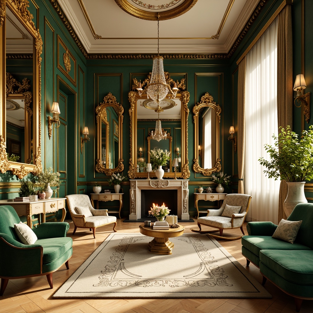 Prompt: Luxurious Rococo interior, soft golden lighting, ornate mirrors, intricately carved furniture, velvet upholstery, rich jewel-toned colors, emerald green walls, creamy white accents, warm beige marble floors, delicate porcelain vases, lush floral patterns, subtle sheen fabrics, Baroque-inspired architectural details, dramatic crystal chandeliers, opulent textures, 1/1 composition, shallow depth of field, soft focus, warm color temperature.