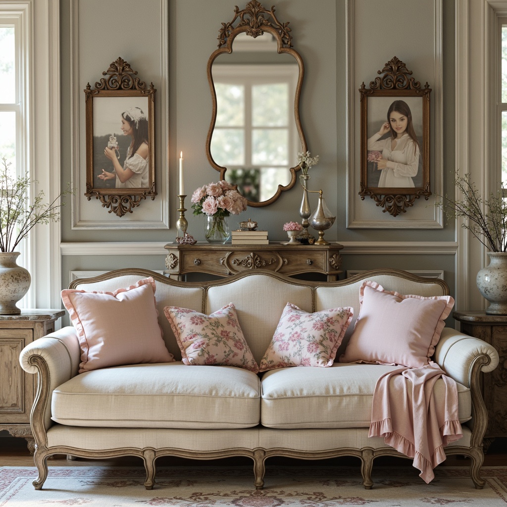 Prompt: Distressed finishes, soft pastel hues, vintage florals, lace trims, ruffled fabrics, antique furniture, worn wood textures, ornate metal details, delicate porcelain vases, distressed mirrors, warm candlelight, soft focus, 1/2 composition, cozy atmosphere, romantic ambiance, French country-inspired decor.