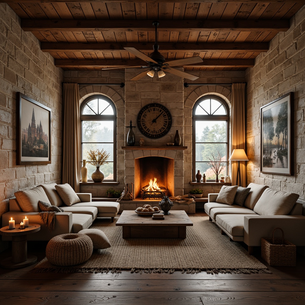 Prompt: Cozy living room, textured stone walls, earthy color palette, warm ambient lighting, plush furniture, soft cushions, natural wood accents, woven baskets, vintage rugs, distressed wooden beams, rustic metal decor, candlelight, crackling fireplace, autumnal foliage, misty morning light, shallow depth of field, 1/1 composition, realistic textures, atmospheric rendering.