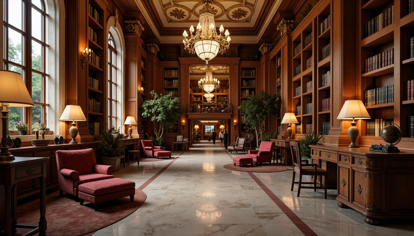 Prompt: Elegant library interior, rich wood tones, ornate moldings, Corinthian columns, grand chandeliers, comfortable reading nooks, plush velvet armchairs, wooden bookshelves, intricately carved desks, classic globe lamps, vintage typewriters, luxurious marble floors, soft warm lighting, shallow depth of field, 3/4 composition, symmetrical architecture, refined textures, subtle ambient occlusion.