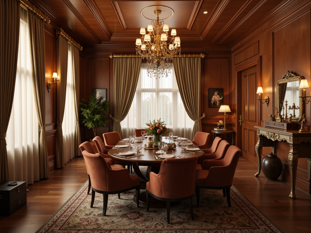 Prompt: Warm dining room, rich wood tones, soft cream walls, elegant chandeliers, ornate furniture legs, plush velvet chairs, golden metal accents, subtle patterned rugs, calming beige curtains, warm candlelight, cozy intimate atmosphere, 1/1 composition, shallow depth of field, realistic textures, ambient occlusion.