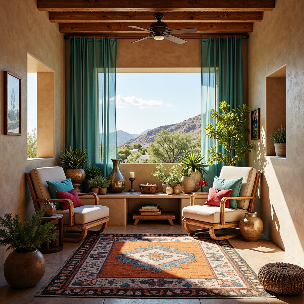 Prompt: Vibrant turquoise accents, bold geometric patterns, woven Native American-inspired textiles, plush Southwestern-style area rugs, colorful pottery vases, distressed wood furniture, rustic metal lanterns, warm beige walls, cozy reading nooks, lively cactus plants, sunny desert landscape views, soft warm lighting, 3/4 composition, realistic textures, ambient occlusion.