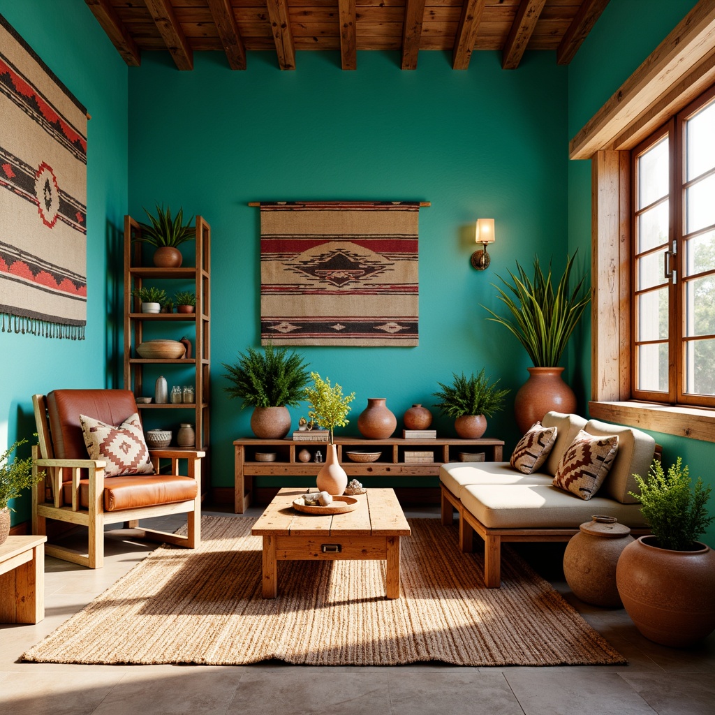 Prompt: Vibrant turquoise walls, rustic wooden furniture, woven Native American-inspired rugs, earthy terracotta pots, lush green plants, natural stone flooring, tribal patterned textiles, warm golden lighting, soft ambient glow, shallow depth of field, 1/1 composition, realistic textures, ambient occlusion, southwestern-style decorative accents, vintage pottery vases, colorful geometric-patterned throw pillows, distressed leather armchairs, wooden ladder shelving units.