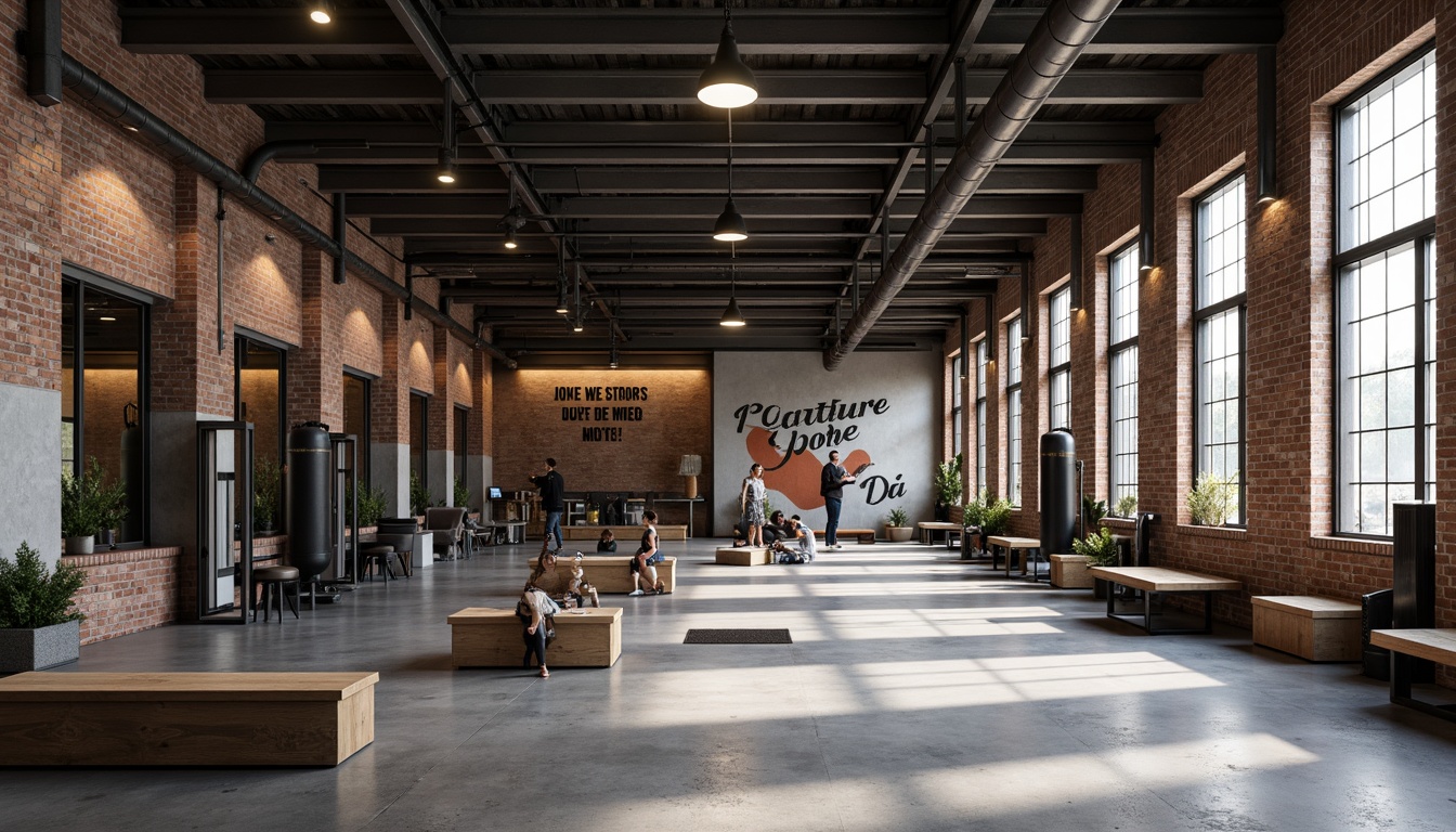 Prompt: Rustic gymnasium interior, brutalist architecture, industrial-style furniture, exposed brick walls, concrete floors, metal beams, minimalist decor, functional lighting, steel chairs, wooden benches, athletic equipment, exercise machines, free weights, punching bags, mirrored walls, motivational quotes, urban atmosphere, high ceiling, natural light, dramatic shadows, 1/1 composition, strong contrast, realistic textures.