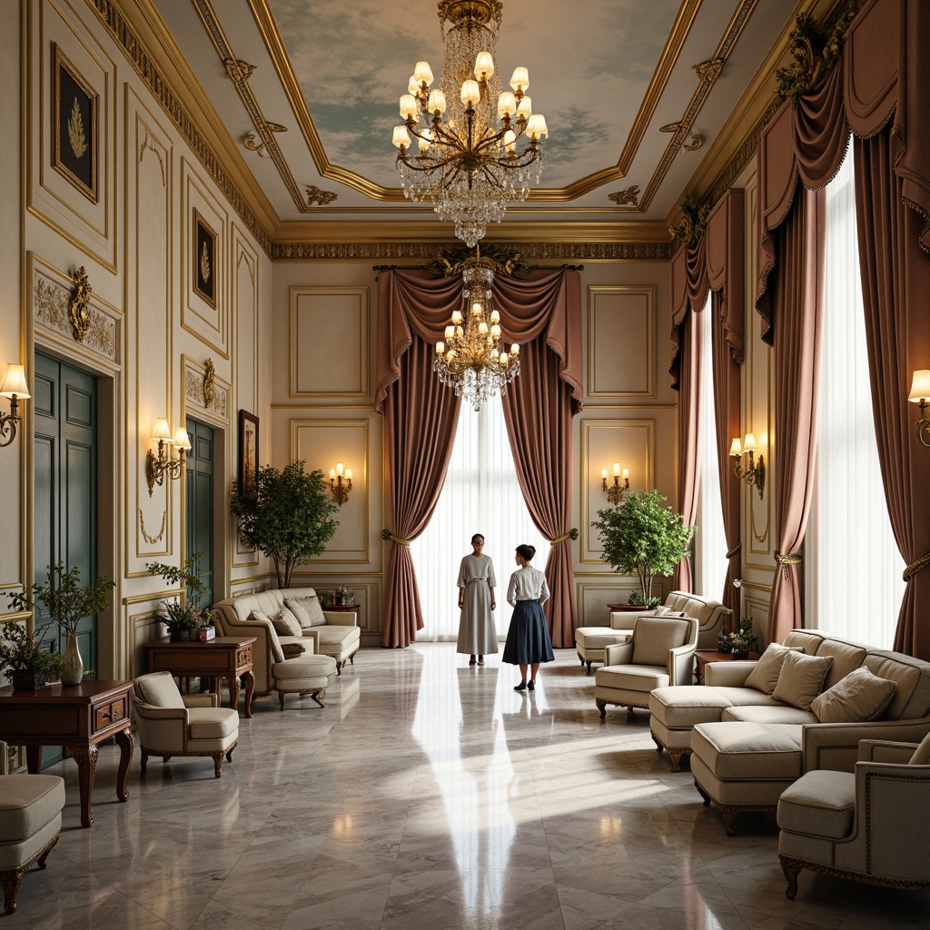 Prompt: Luxurious Rococo interior, ornate gold accents, soft cream walls, rich velvet fabrics, opulent jewel-toned drapery, lavish crystal chandeliers, intricate wooden carvings, subtle pastel hues, delicate floral patterns, elegant marble floors, warm candlelight, dramatic shadows, 1/2 composition, intimate atmosphere, realistic textures, subtle ambient occlusion.