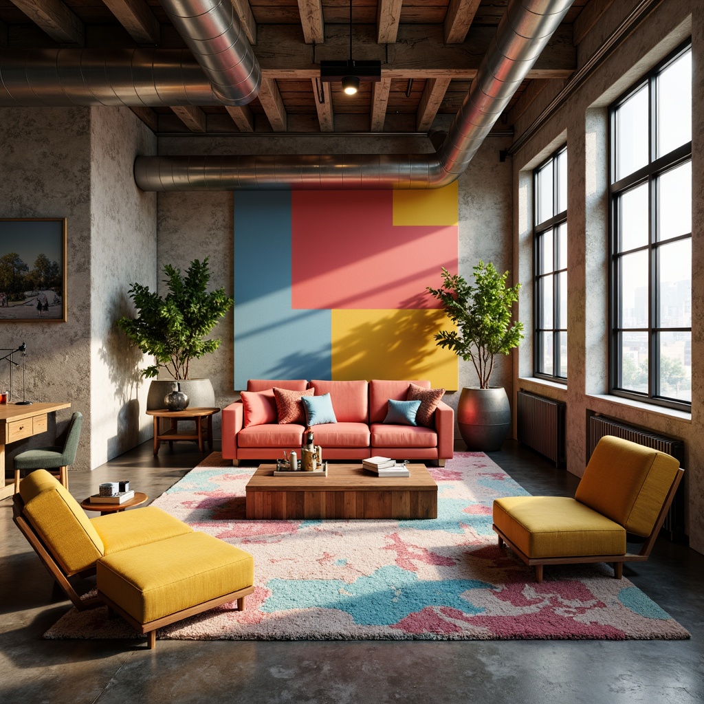 Prompt: Vibrant modern interior, eclectic furniture pieces, bold accent walls, pastel-colored rugs, metallic decorative accents, soft warm lighting, industrial-chic exposed ductwork, reclaimed wood textures, natural stone flooring, airy open spaces, minimalist decor, urban loft atmosphere, moody shadows, high-contrast color scheme, 1/1 composition, realistic renderings.