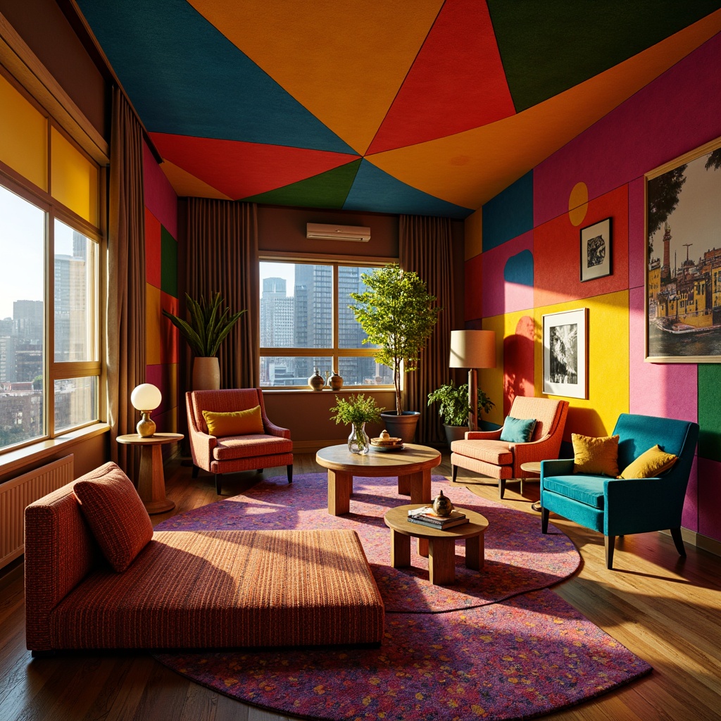 Prompt: Vibrant avant-garde living room, bold geometric shapes, abstract patterns, eclectic furniture arrangement, curved lines, distorted proportions, exaggerated colors, clashing textures, ornate decorations, oversized lamps, asymmetrical compositions, dramatic shadows, warm golden lighting, cinematic atmosphere, 1/2 composition, Dutch angle shots, high contrast ratios, artistic lens flares, intricate moldings, luxurious velvet fabrics, polished metallic accents.