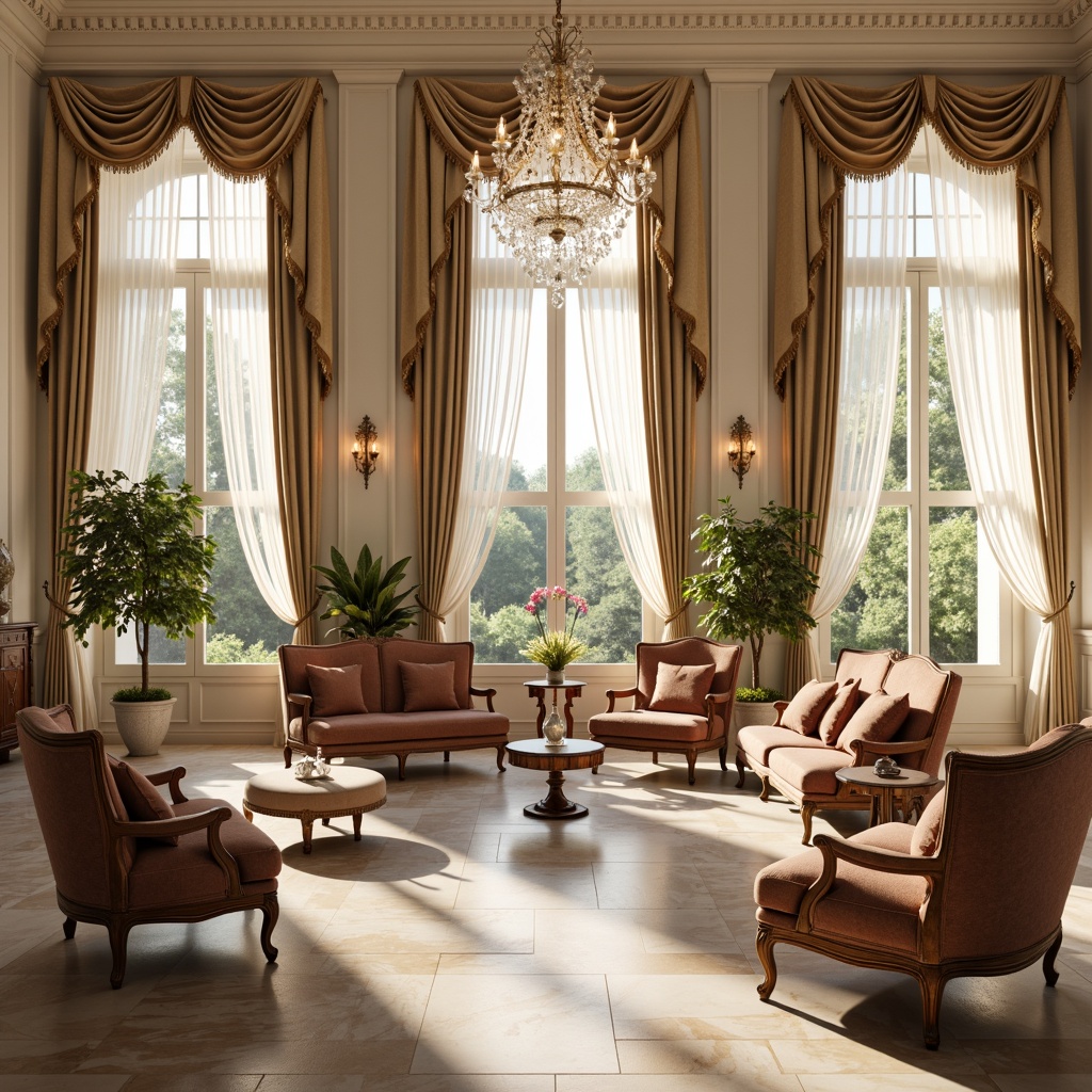 Prompt: Elegant neoclassical interior, ornate wooden furniture, intricately carved legs, velvet upholstery, golden accents, crystal chandeliers, marble flooring, cream-colored walls, tall windows, flowing drapery, subtle patterning, rich textures, classic proportions, harmonious balance, soft warm lighting, shallow depth of field, 2/3 composition, realistic reflections, ambient occlusion.Please let me know if this meets your requirements!