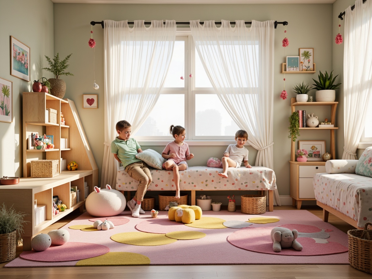 Prompt: Whimsical kid's room, playful cartoon characters, bright pastel colors, soft plush toys, colorful wall decals, fun patterned rugs, wooden toy boxes, cozy reading nooks, fairy lights, gentle warm lighting, shallow depth of field, 1/2 composition, realistic textures, ambient occlusion, vibrant floral arrangements, natural woven baskets, delicate lace curtains, creamy white furniture, cheerful polka dots, soft cotton fabrics, intricate wood carvings.