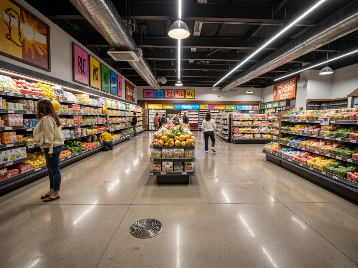 Prompt: Polished concrete floors, industrial chic aesthetic, commercial-grade epoxy coating, high-traffic durability, slip-resistant surfaces, easy maintenance, seamless joints, minimal grout lines, stainless steel drains, modern grocery store atmosphere, bright overhead lighting, colorful product displays, busy shopping aisles, 1/2 composition, softbox lighting, subtle shadows, realistic reflections.