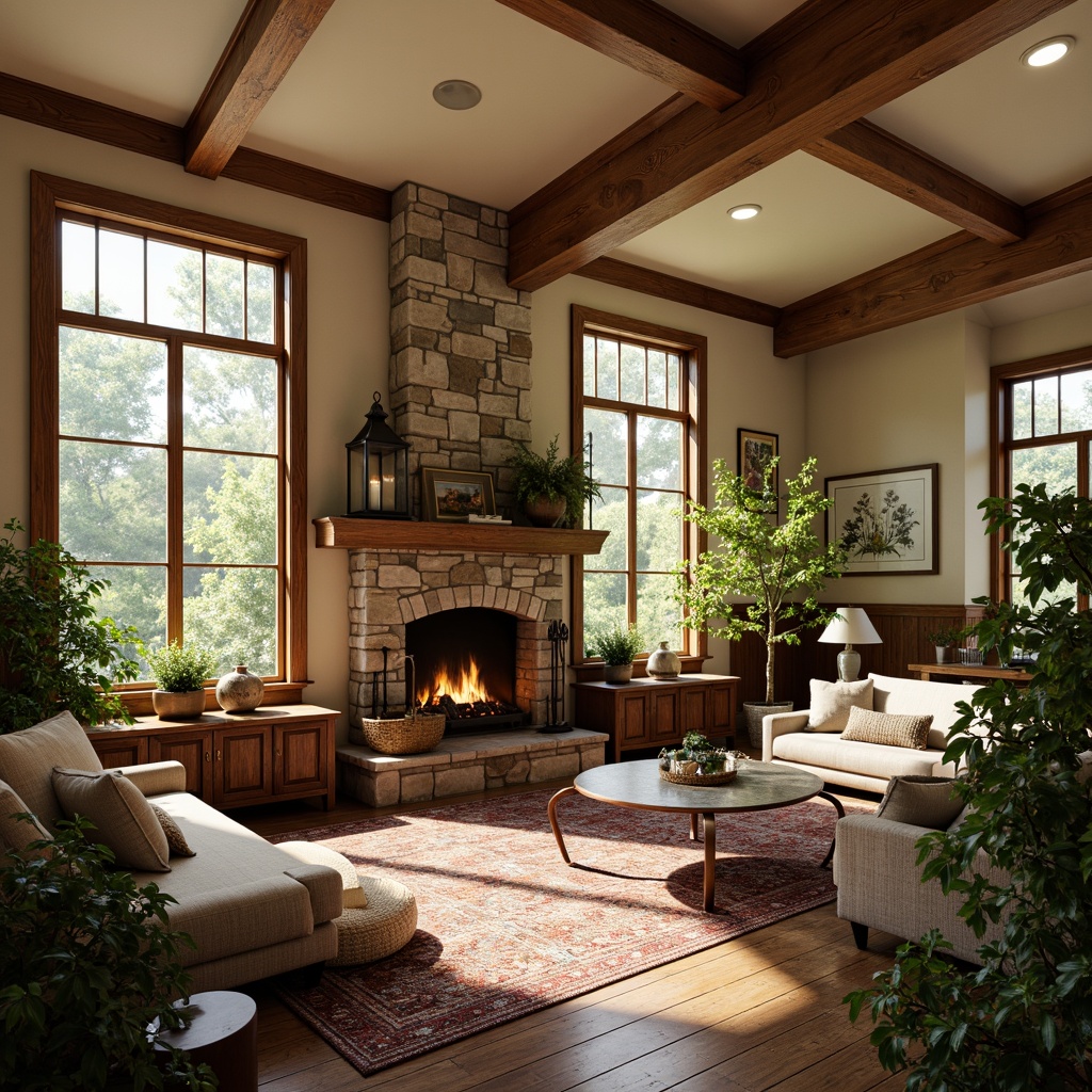 Prompt: Cozy craftsman interior, warm wooden accents, large windows, soft natural light, earthy color palette, rustic stone fireplace, plush area rugs, comfortable seating nooks, built-in wooden cabinetry, decorative trims, stained glass details, vintage metal lanterns, warm beige walls, creamy white ceilings, abundance of greenery, potted plants, botanical prints, nature-inspired artwork, soft warm lighting, shallow depth of field, 1/1 composition, realistic textures, ambient occlusion.