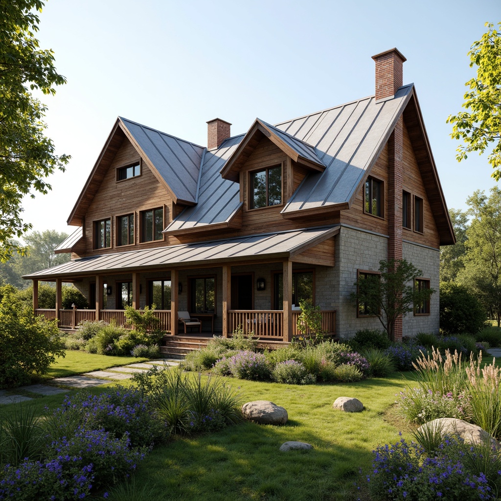 Prompt: Rustic farmhouse, pitched roof, corrugated metal sheets, weathered wood accents, vintage chimneys, overhanging eaves, dormer windows, asymmetrical fa\u00e7ade, natural stone walls, earthy color palette, lush greenery, blooming wildflowers, sunny countryside, soft warm lighting, 1/1 composition, realistic textures, ambient occlusion.