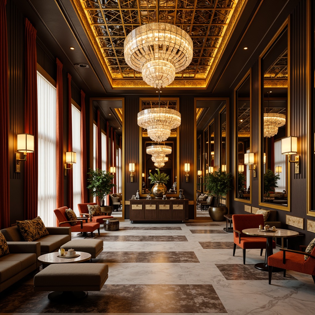 Prompt: Opulent art deco interior, luxurious chandeliers, sleek metal sconces, ornate crystal pendants, geometric patterned ceiling fixtures, lavish golden accents, rich velvet drapes, intricate marble floors, vintage furniture pieces, glamorous mirrored walls, soft warm glow, dramatic shadows, high contrast lighting, 1/1 composition, realistic reflections, ambient occlusion.