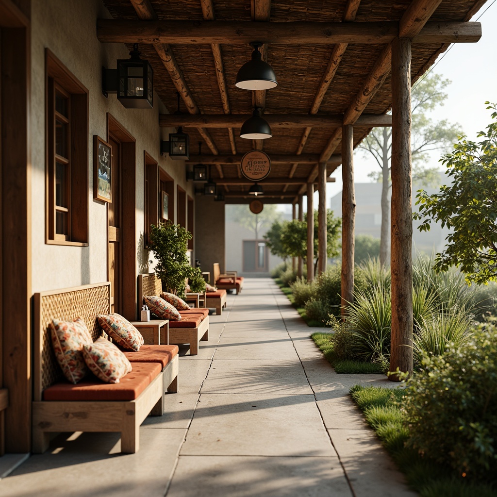 Prompt: Rustic bus station, natural wood accents, woven rattan benches, earthy tone seats, traditional textiles, ethnic patterned cushions, wooden lanterns, vintage metal signs, distressed concrete flooring, green roof, lush vegetation, warm soft lighting, shallow depth of field, 3/4 composition, panoramic view, realistic textures, ambient occlusion.