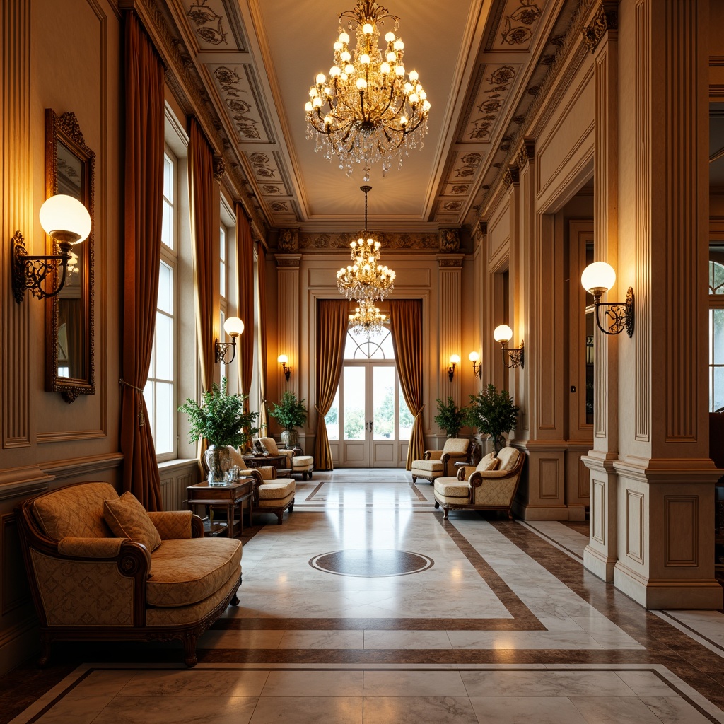 Prompt: Elegant hall interior, neoclassical style, ornate moldings, crystal chandeliers, marble flooring, polished wooden panels, gilded accents, intricate carvings, soft velvet drapes, richly upholstered furniture, subtle sheen finishes, warm golden lighting, high ceilings, classical columns, refined textures, detailed ornaments, luxurious atmosphere, 1/1 composition, shallow depth of field, realistic reflections.