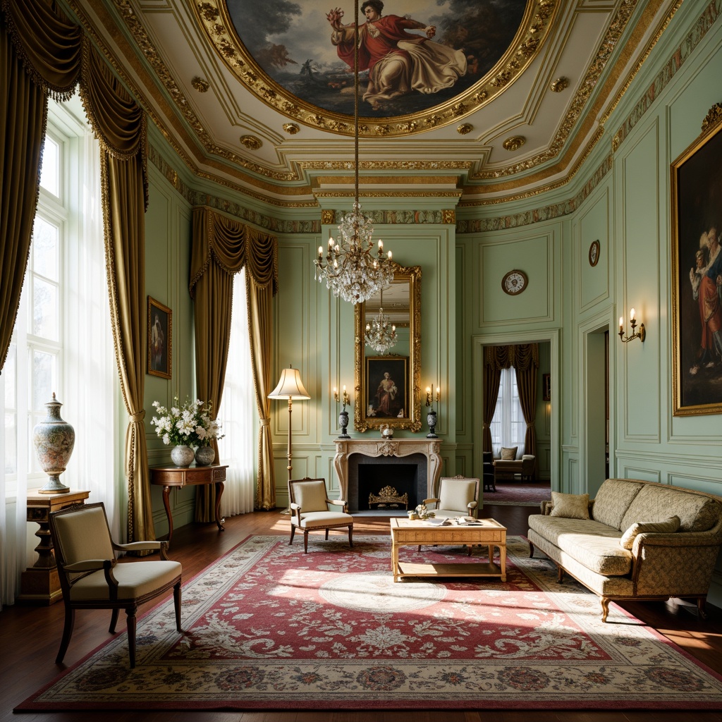 Prompt: Elegant mansion interior, soft mint walls, ornate golden accents, velvet drapes, intricate plasterwork, crystal chandeliers, luxurious furnishings, richly patterned rugs, delicate porcelain vases, frescoed ceilings, lavish fabrics, subtle cream undertones, warm candlelight, dramatic shadows, 1/2 composition, shallow depth of field, realistic textures, ambient occlusion.