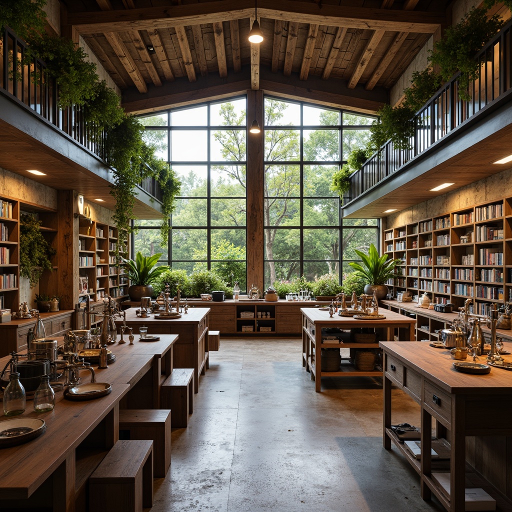 Prompt: Rustic science center, exposed wooden beams, reclaimed wood accents, earthy color palette, natural stone walls, large windows, abundant greenery, industrial-style lighting fixtures, metal railings, wooden workbenches, laboratory equipment, scientific instruments, wooden shelving units, cozy reading nooks, warm soft lighting, shallow depth of field, 3/4 composition, panoramic view, realistic textures, ambient occlusion.