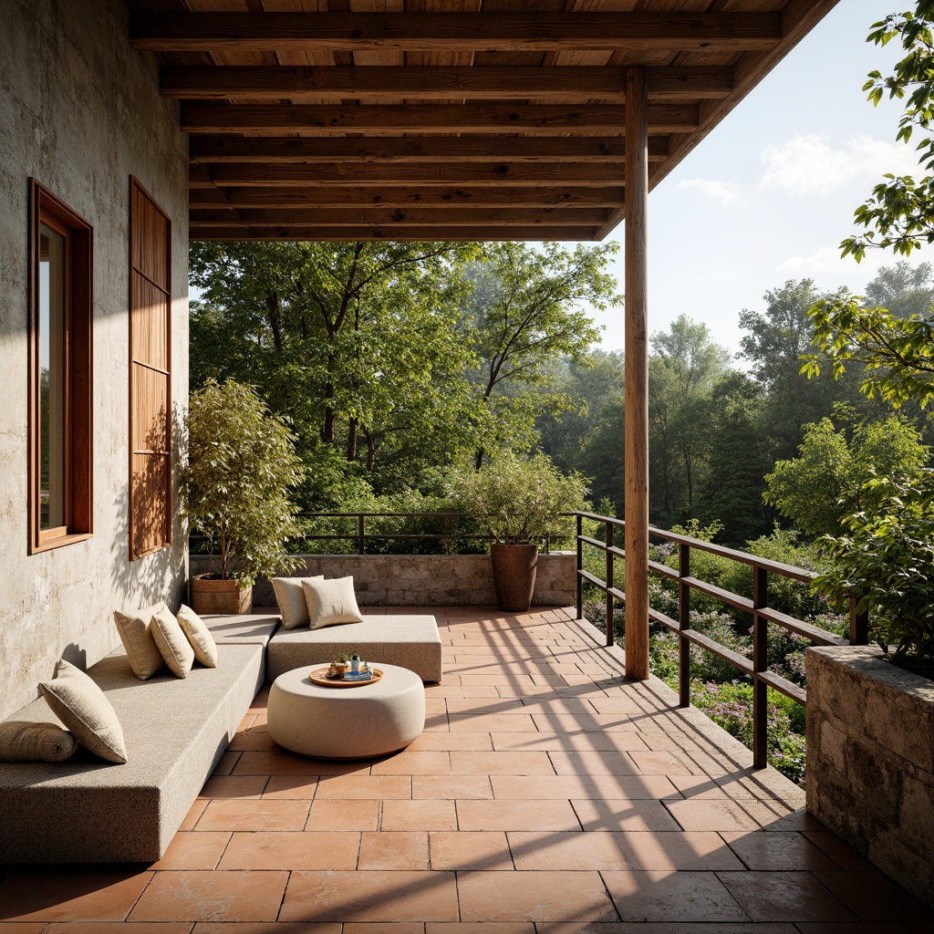 Prompt: Natural stone seating, weathered wood accents, rusted metal railings, rough-hewn concrete walls, earthy tone terracotta flooring, lush greenery surroundings, open-air atmosphere, warm sunny day, soft diffused lighting, shallow depth of field, 3/4 composition, panoramic view, realistic textures, ambient occlusion.