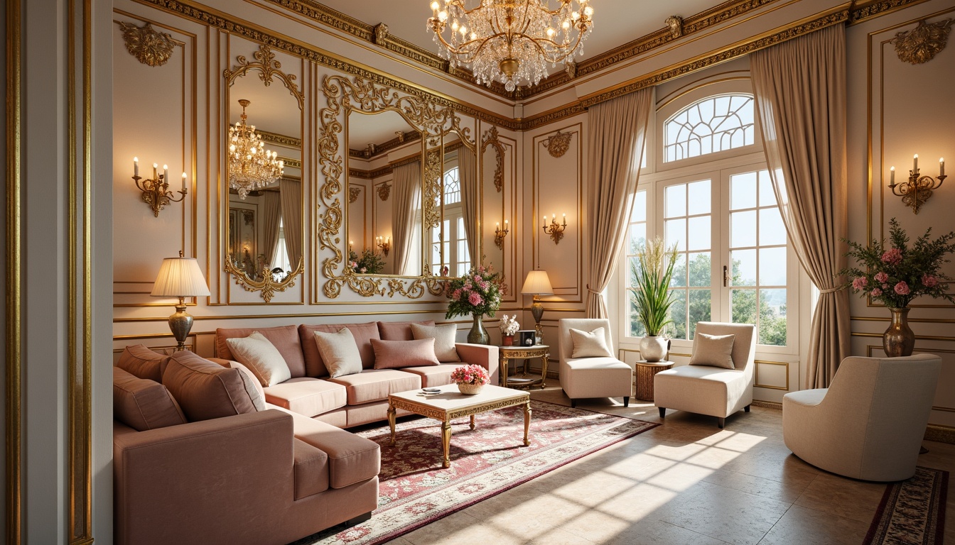 Prompt: Luxurious interior space, ornate gold leaf accents, delicate crystal chandeliers, intricately carved wooden paneling, soft velvet upholstery, curvaceous lines, shell-shaped motifs, pastel color palette, lavish furnishings, grandiose mirrors, opulent fabrics, baroque-inspired patterns, natural stone flooring, warm candlelight, shallow depth of field, 1/1 composition, realistic textures, ambient occlusion.