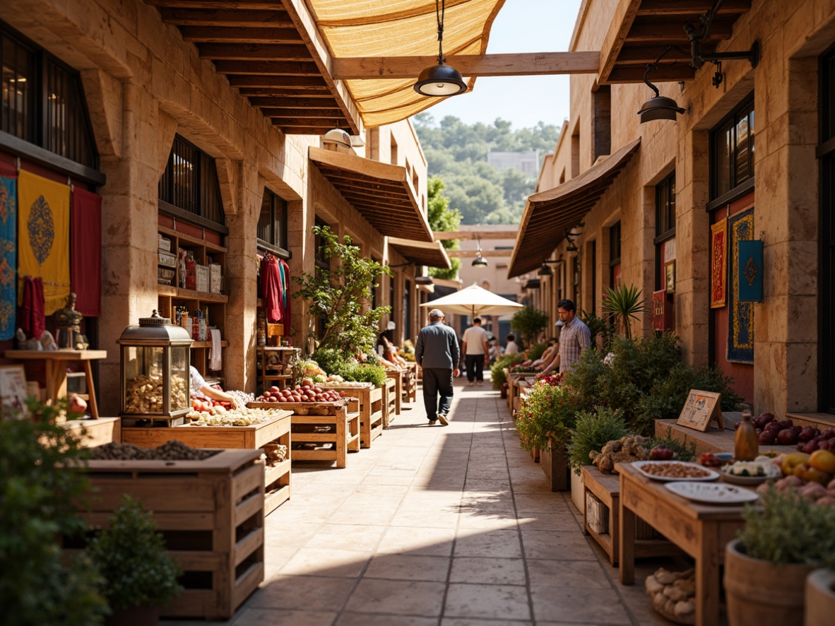 Prompt: Vibrant market stalls, traditional Middle Eastern architecture, warm beige stone walls, intricate Islamic patterns, colorful textiles, bustling crowd scenes, natural light filtering through wooden roofs, earthy terracotta floors, rustic wooden crates, aromatic spices, fresh fruits and vegetables, ornate metal lanterns, soft warm lighting, shallow depth of field, 3/4 composition, panoramic view, realistic textures, ambient occlusion.