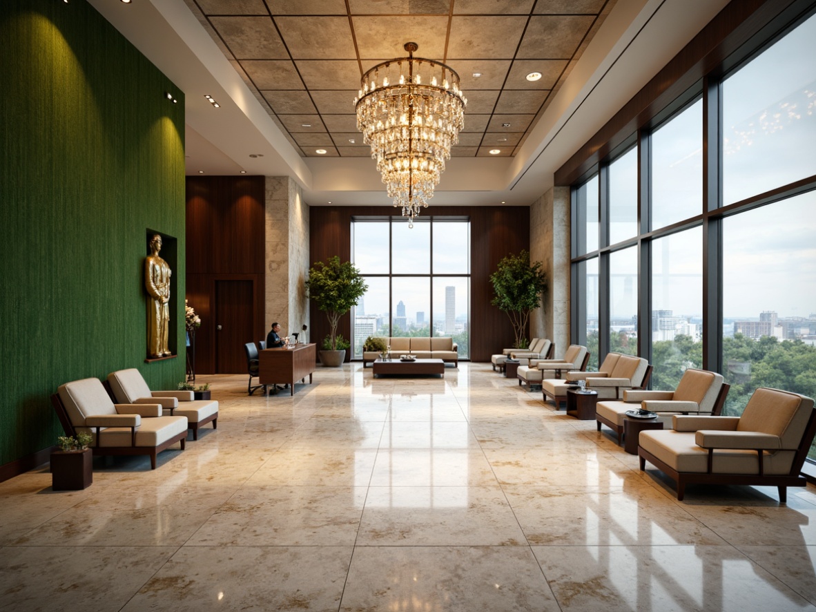 Prompt: Luxurious office lobby, grand chandelier, polished marble floors, sleek metal accents, comfortable waiting area, plush sofas, vibrant green walls, natural stone feature walls, modern minimalist desks, ergonomic chairs, floor-to-ceiling windows, city skyline views, warm cozy lighting, 1/1 composition, shallow depth of field, realistic textures, ambient occlusion.