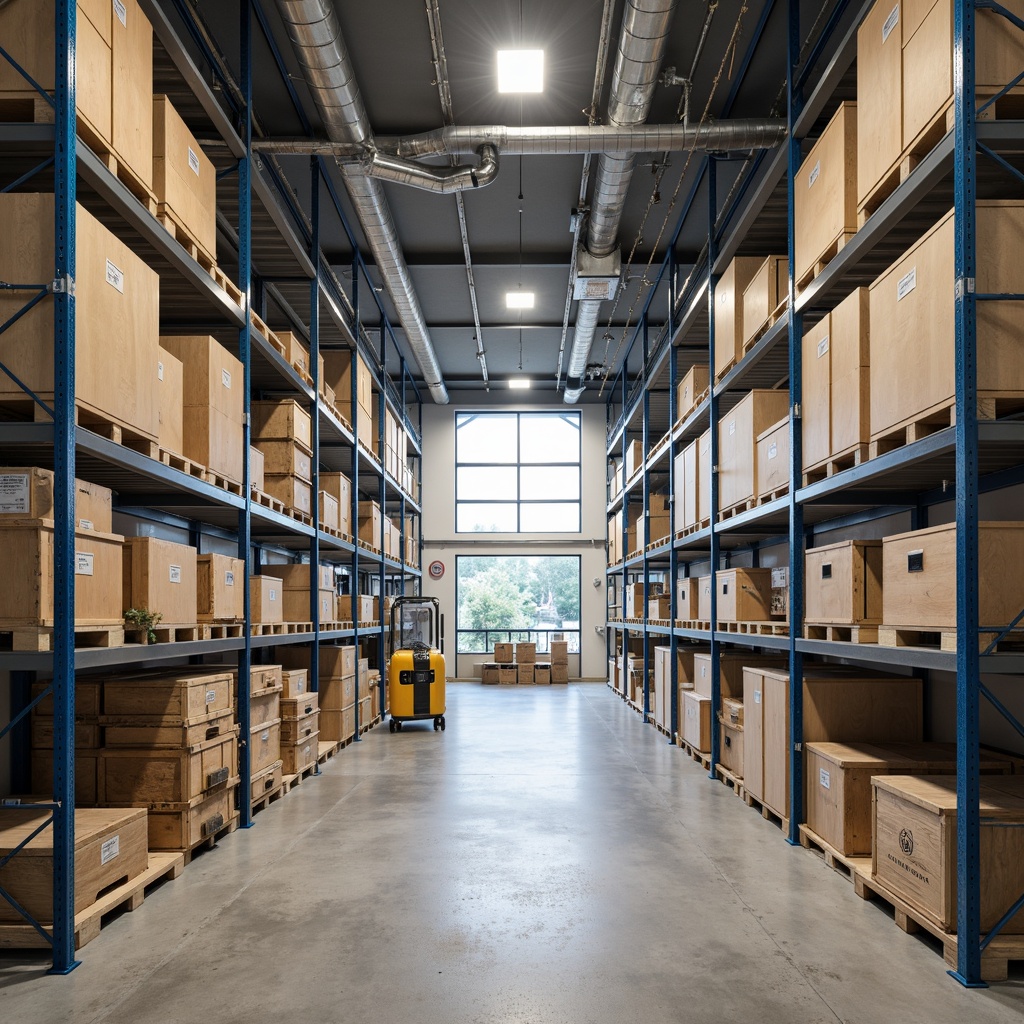 Prompt: Industrial storage room, metallic shelving units, epoxy-coated floors, exposed ductwork, functional lighting fixtures, neutral color palette, beige walls, gray metal accents, bold blue highlights, rustic wood crates, modern minimalism, clutter-free atmosphere, ample natural light, softbox shadows, 3/4 composition, realistic textures, subtle ambient occlusion.