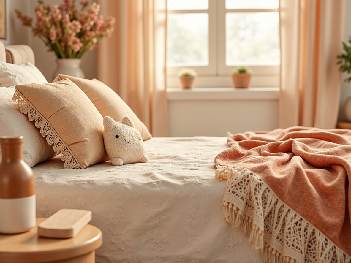 Prompt: Soft apricot hues, warm beige accents, creamy whites, gentle peach undertones, rich golden lighting, subtle gradient transitions, delicate floral patterns, intricate lace textures, ornate Victorian details, luxurious velvet fabrics, rustic wooden elements, natural stone surfaces, whimsical botanical illustrations, dreamy atmospheric mist, shallow depth of field, 1/2 composition, warm soft focus.