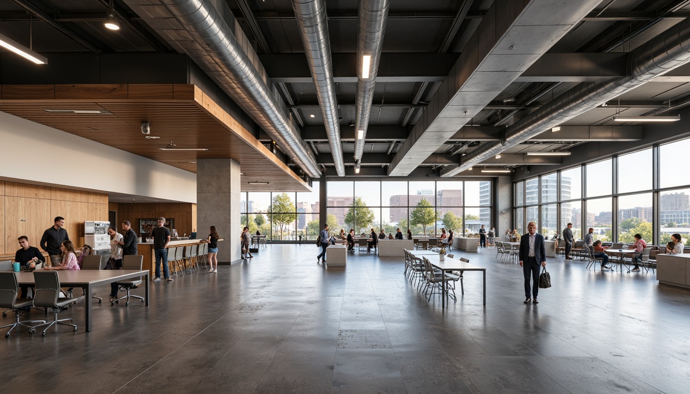 Prompt: Exposed ductwork, polished concrete floors, industrial-style lighting fixtures, modern high school architecture, sleek metal beams, minimalist interior design, reclaimed wood accents, urban cityscape views, afternoon natural light, softbox lighting, shallow depth of field, 3/4 composition, panoramic view, realistic textures, ambient occlusion, metallic materials, distressed finishes, edgy contemporary vibe, open-concept classrooms, collaborative learning spaces, modern ergonomic furniture, bold color schemes, dynamic graphic patterns.