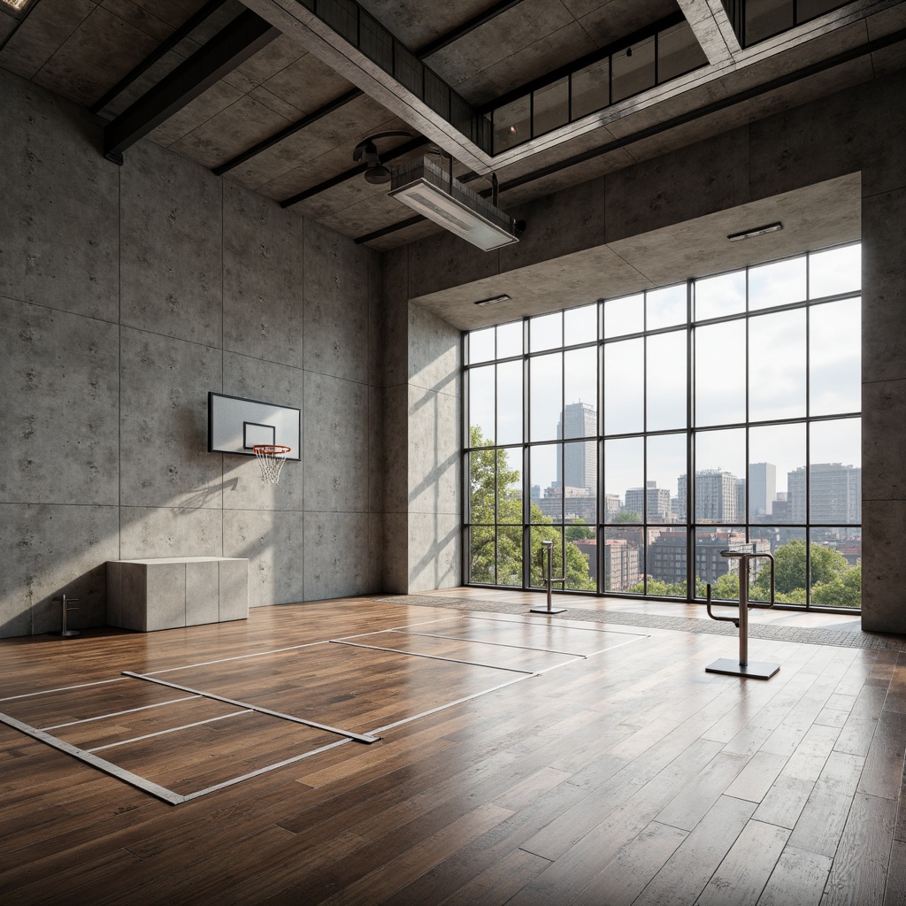 Prompt: Rugged concrete walls, exposed ductwork, industrial steel beams, polished wooden floors, minimalist athletic equipment, basketball hoops, sprint tracks, climbing ropes, brutalist architectural style, natural light pouring in, high ceilings, open spaces, urban landscape views, cloudy day, soft diffused lighting, shallow depth of field, 3/4 composition, realistic textures, ambient occlusion.