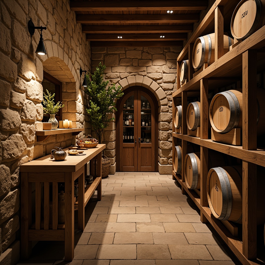 Prompt: Rustic wine cellar, earthy stone walls, wooden barrel accents, dim warm lighting, rich wood tones, craftsman style shelving, ornate metalwork, wooden crates, vintage wine barrels, grapevine patterns, soft candlelight, warm beige colors, natural stone flooring, arched windows, distressed wood textures, ambient shadows, 1/2 composition, soft focus effect.