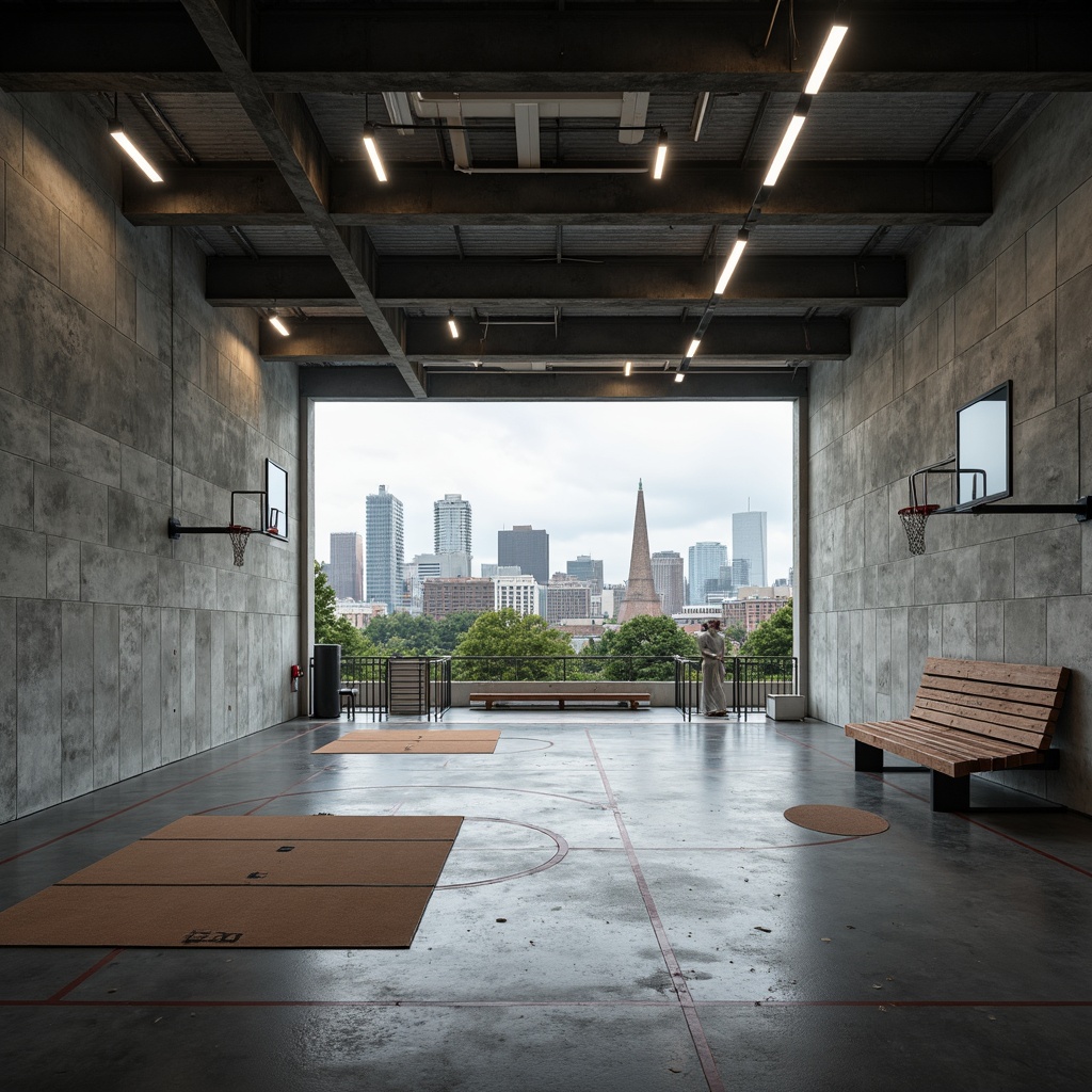 Prompt: Exposed concrete walls, rough-textured surfaces, industrial-style lighting fixtures, steel beams, raw concrete floors, brutalist architecture, minimalist design, functional spaces, athletic equipment, basketball hoops, sports mats, wooden bleachers, metal railings, urban cityscape views, overcast skies, high-contrast dramatic lighting, strong shadows, 1/2 composition, atmospheric perspective, realistic materials, subtle ambient occlusion.