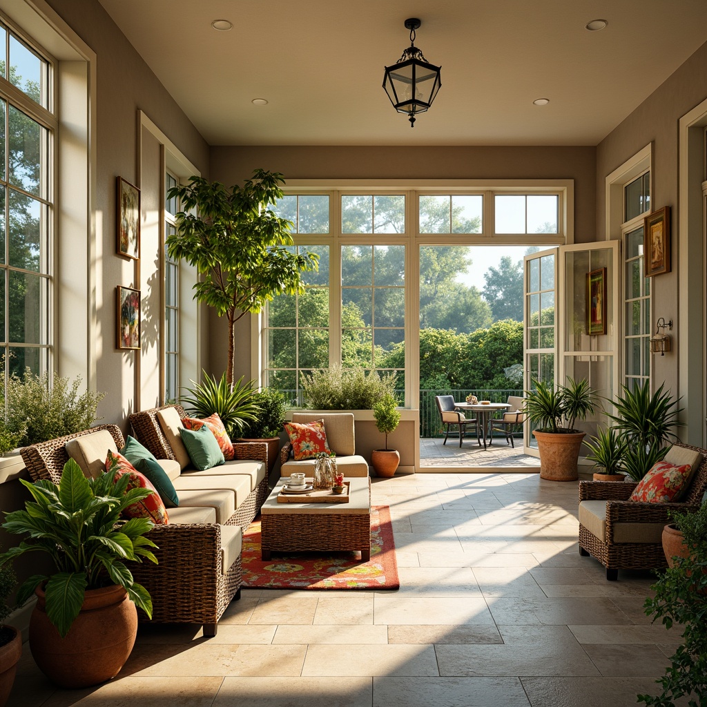 Prompt: Vibrant sunroom, warm natural light, lush greenery, comfortable seating, rustic wooden accents, earthy terracotta pots, bright floral patterns, soft beige walls, creamy white trim, calming blue undertones, natural stone flooring, sliding glass doors, panoramic outdoor views, warm afternoon sunlight, gentle shadows, 3/4 composition, realistic textures, ambient occlusion.