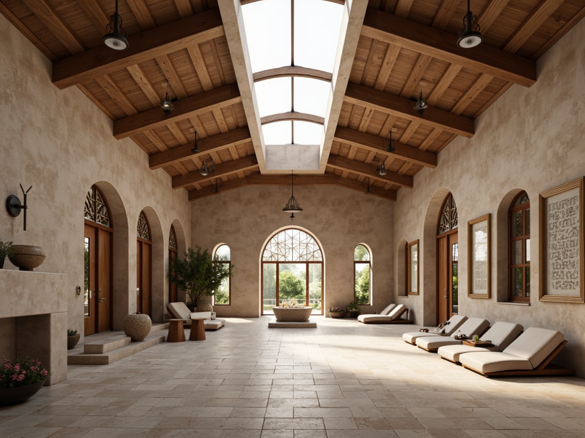 Prompt: Minimalist sacred space, natural stone floors, wooden accents, sleek metal beams, large skylights, abundant daylight, serene ambiance, subtle texture variations, earthy color palette, organic shapes, geometric patterns, Islamic-inspired arches, intricate mosaics, stained glass windows, soft warm lighting, shallow depth of field, 1/1 composition, panoramic view, realistic textures, ambient occlusion.