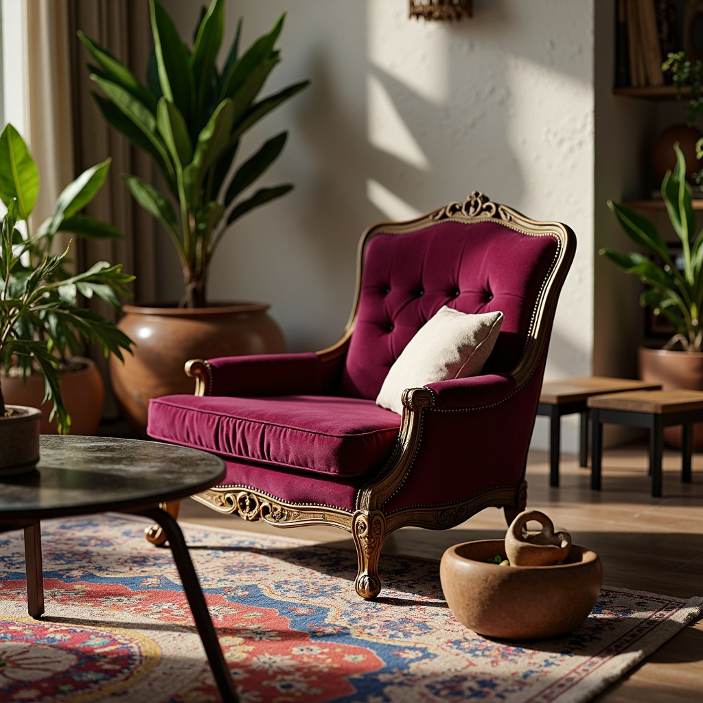 Prompt: Elegant Victorian armchair, rich velvet upholstery, ornate carvings, antique wooden legs, modern minimalist coffee table, sleek metal base, glass top, industrial chic metal stools, reclaimed wood benches, vintage Moroccan tiles, colorful bohemian rug, lush green plants, natural stone walls, warm cozy lighting, shallow depth of field, 1/1 composition, soft focus, realistic textures.