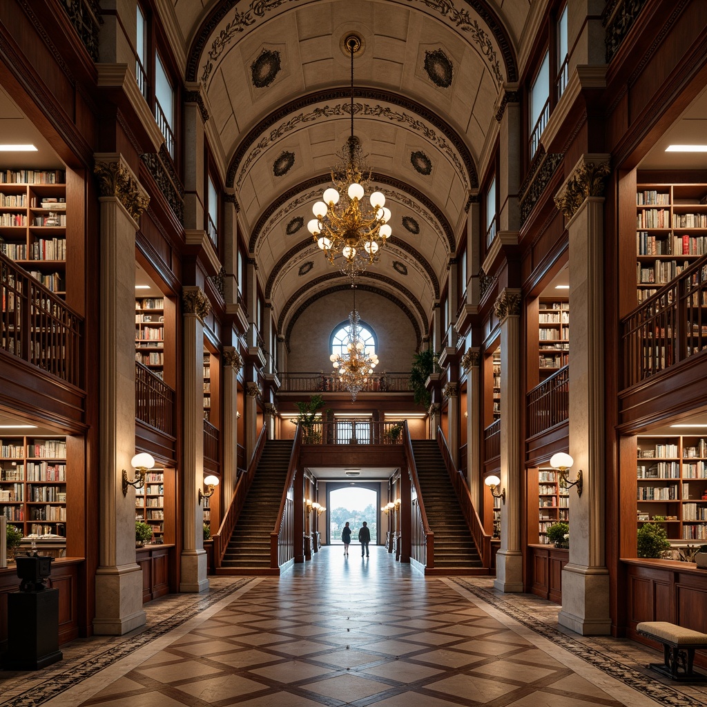 Prompt: Grand library facade, ornate columns, carved stone details, sweeping arches, majestic entrance, intricately patterned floors, rich wooden paneling, elegant chandeliers, soft warm lighting, shallow depth of field, 1/1 composition, symmetrical architecture, imposing staircase, regal balconies, lavish ornamentation, subtle color palette, sophisticated textures, ambient occlusion.