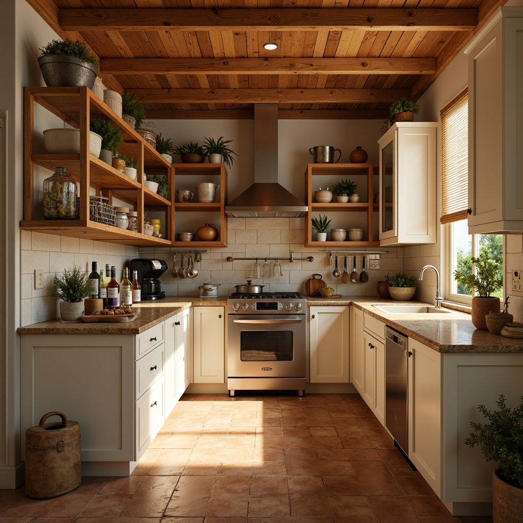 Prompt: Cozy pantry, warm beige tones, soft golden lighting, rustic wooden shelves, vintage metal bins, earthy terracotta floors, natural stone countertops, creamy white cabinets, rich wood accents, farmhouse style, abundant storage space, organized layout, plenty of counter space, modern appliances, sleek hardware, warm ambient glow, shallow depth of field, 2/3 composition, realistic textures.