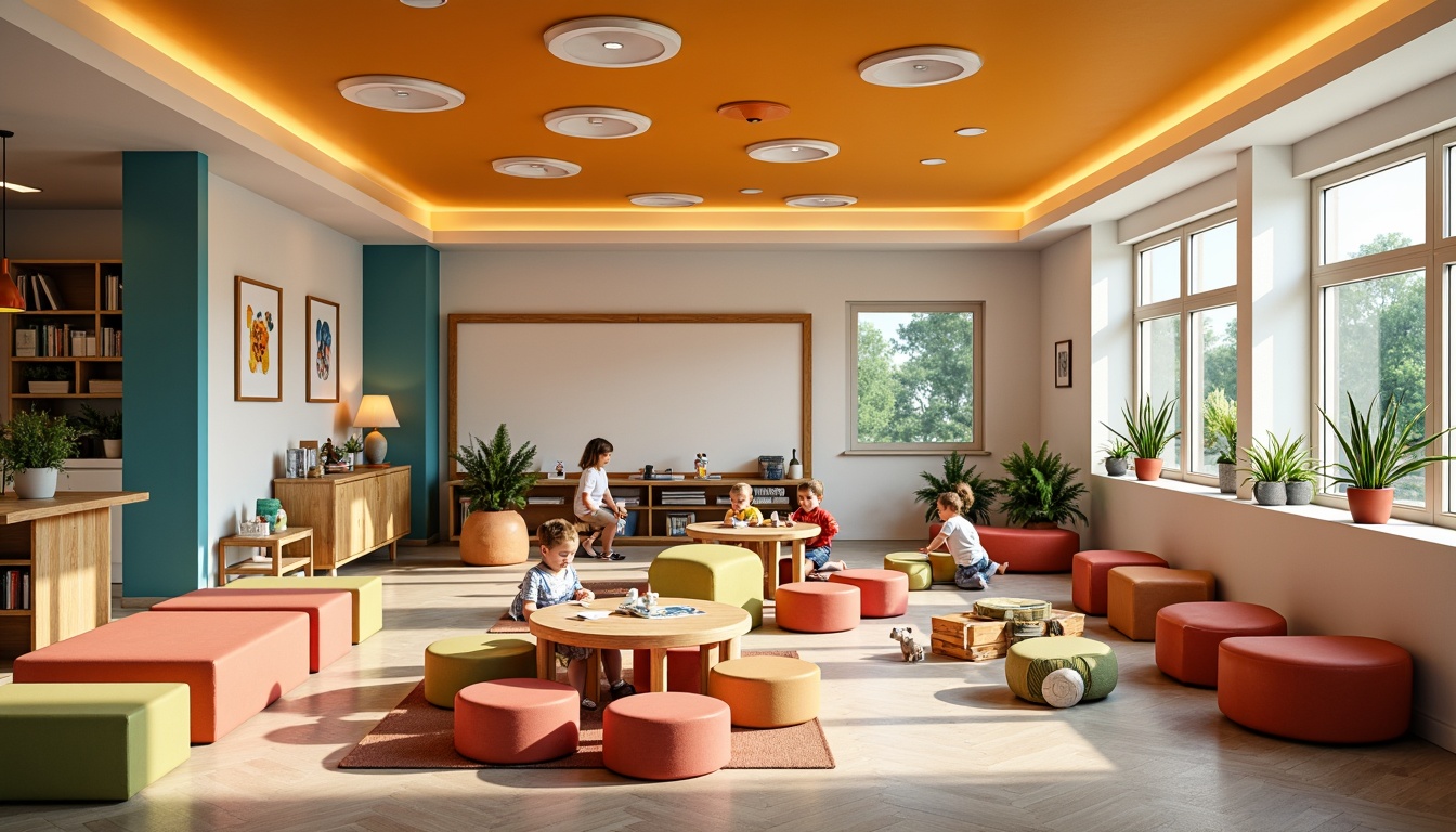 Prompt: Vibrant kindergarten, playful color scheme, rounded edges, soft cushions, wooden tables, tiny chairs, educational toys, interactive whiteboards, collaborative learning spaces, cozy reading nooks, natural light, warm atmosphere, shallow depth of field, 1/1 composition, realistic textures, ambient occlusion.