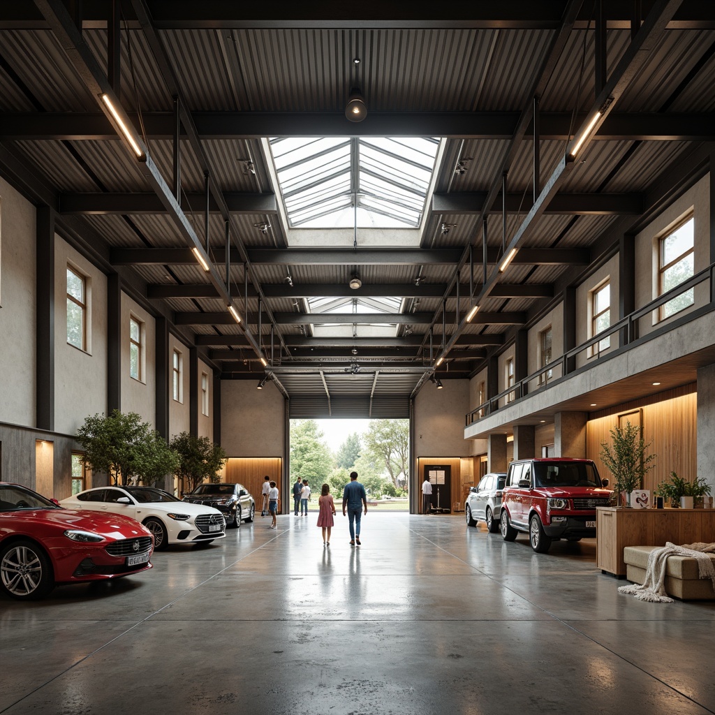 Prompt: Modern family garage, industrial chic style, exposed metal beams, polished concrete floors, neutral color palette, recessed LED lighting, pendant lamps, natural daylight, skylights, clerestory windows, warm ambient glow, softbox lighting, high-contrast shading, 1/1 composition, realistic textures, subtle reflections.