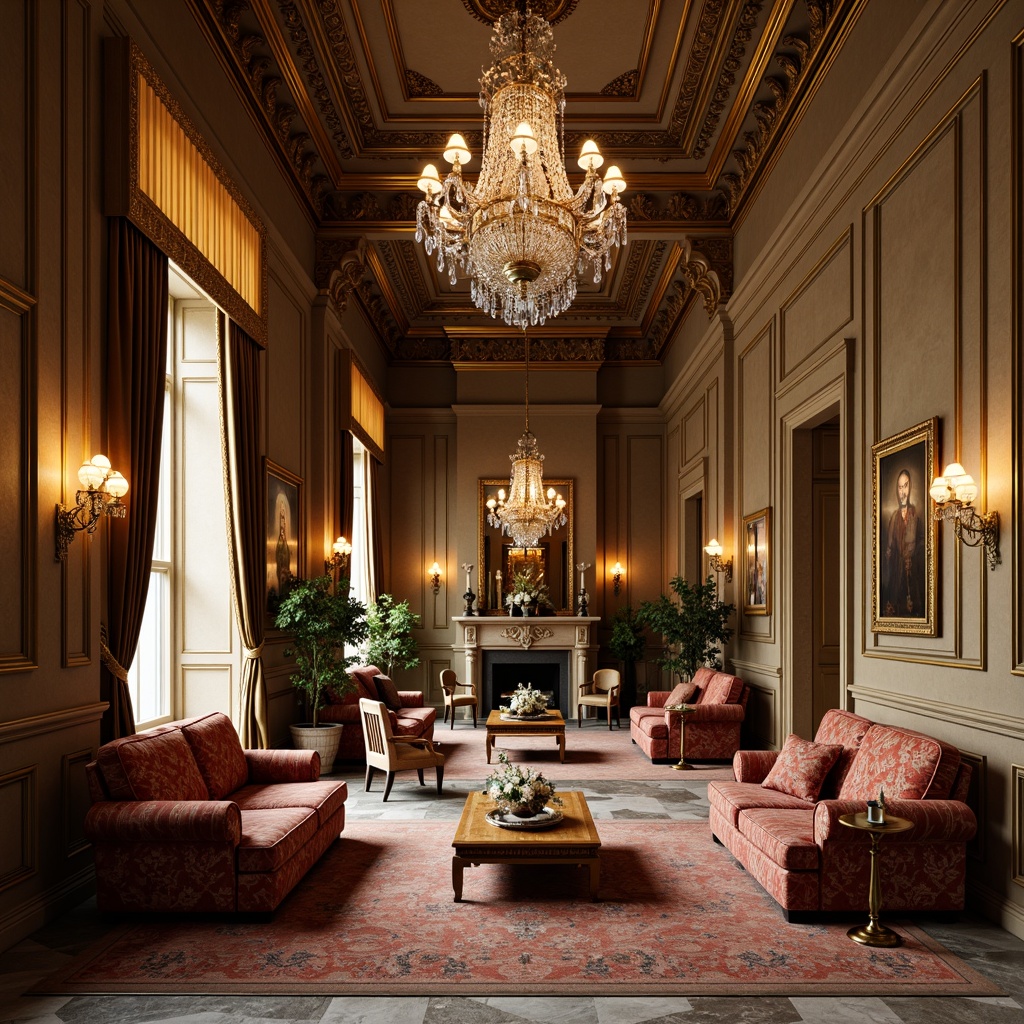 Prompt: Elegant neoclassical interior, ornate furniture pieces, carved wooden accents, velvet upholstery, gilded frames, marble tops, intricate moldings, luxurious fabrics, crystal chandeliers, stately columns, high ceilings, symmetrical compositions, warm golden lighting, soft focus, 1/2 composition, realistic textures, ambient occlusion.