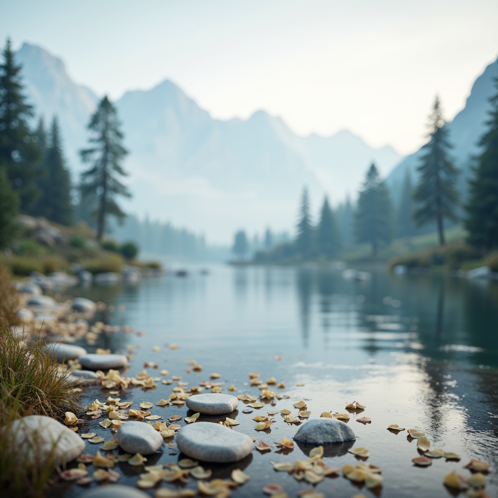 Prompt: Soft pastel hues, calming blue tones, creamy whites, warm beige accents, subtle grey undertones, natural wood textures, woven fibers, gentle ambient lighting, misty morning atmosphere, dew-kissed petals, serene lake views, tranquil forest glades, peaceful mountain vistas, 1/1 composition, shallow depth of field, soft focus, realistic reflections.