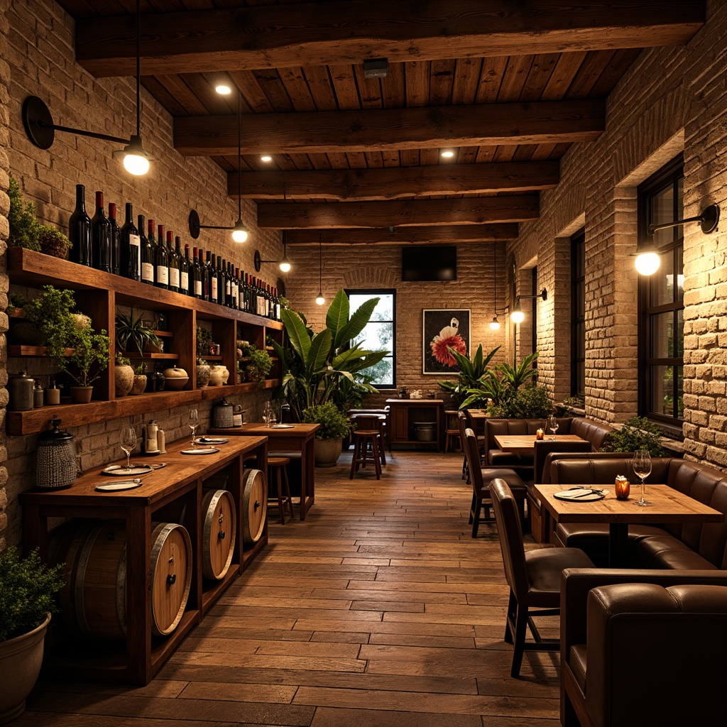 Prompt: Rustic wooden accents, reclaimed oak barrels, earthy stone walls, dimly lit ambiance, rich leather furnishings, metal wine racks, vintage-inspired decor, warm golden lighting, cozy nooks, natural wood flooring, exposed brick ceilings, distressed finishes, ornate metalwork, soft warm textures, 1/2 composition, low-key backlighting, realistic wood grain.