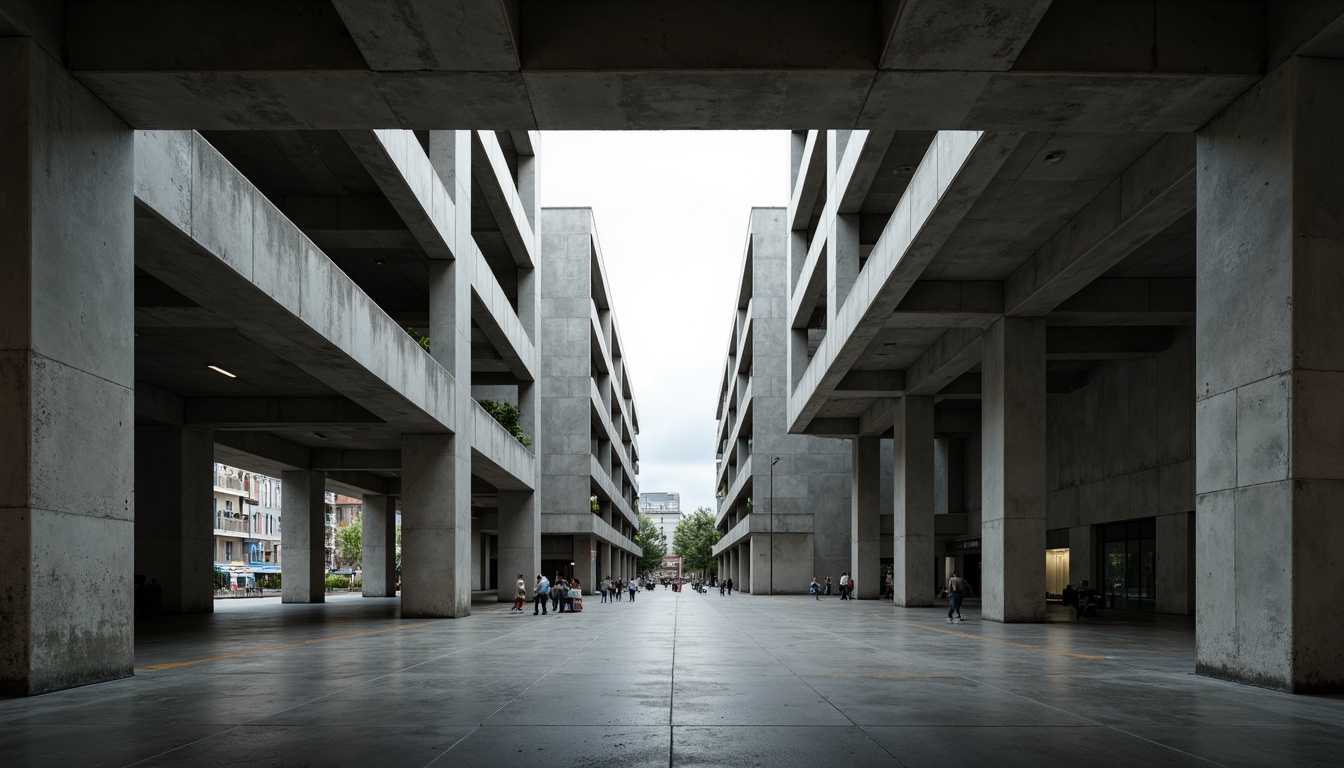 Prompt: Exposed concrete structures, brutalist architecture, industrial aesthetics, vast open spaces, natural light pouring in, minimalist design, functional simplicity, raw unfinished surfaces, bold geometric forms, angular lines, monumental scale, urban context, cityscape views, atmospheric perspective, cinematic composition, low-key lighting, moody shadows, dramatic contrast, gritty textures, realistic materials.