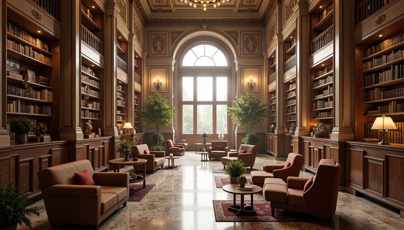 Prompt: Grandiose library interior, neoclassical architectural style, rich wood paneling, ornate moldings, intricate carvings, polished marble floors, luxurious velvet upholstery, soft golden lighting, warm beige walls, tall arched windows, elegant columns, sophisticated chandeliers, refined metalwork details, premium leather-bound books, classic reading tables, comfortable study nooks, atmospheric foggy day, subtle morning light, shallow depth of field, 1/2 composition, realistic textures, ambient occlusion.