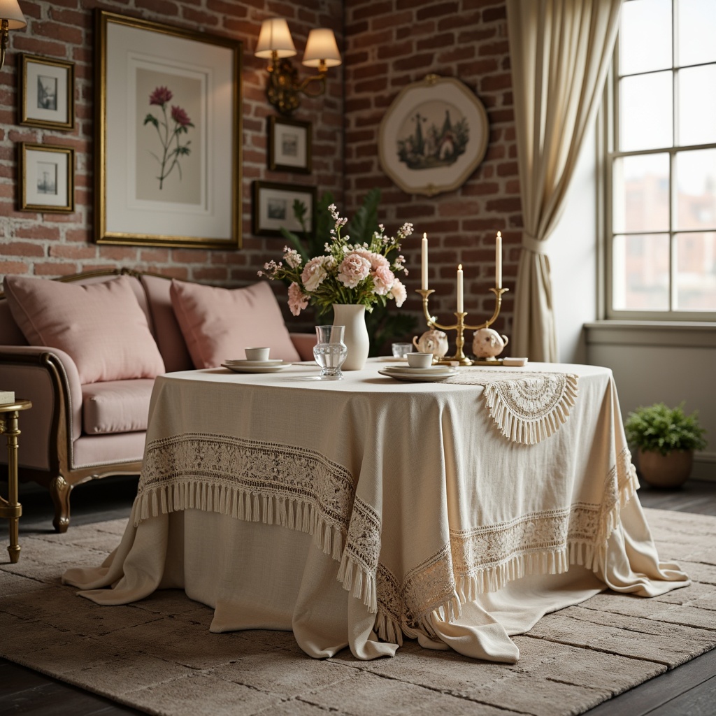 Prompt: Soft pastel hues, distressed wood textures, vintage lace details, antique furniture pieces, floral patterns, gentle cream colors, muted pink shades, weathered metal accents, worn velvet fabrics, ornate gold frames, rustic brick walls, natural linen drapes, warm candlelight, shallow depth of field, 1/1 composition, intimate atmosphere, romantic ambiance, whimsical illustrations, delicate porcelain vases.