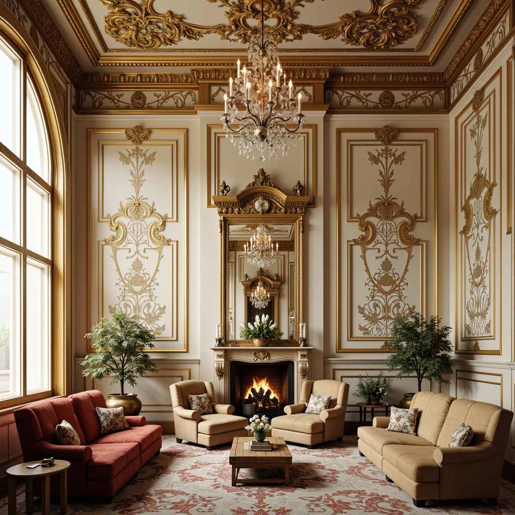 Prompt: Intricate Rococo wall panels, ornate gold molding, soft cream-colored plaster, delicate florals, curved lines, lavish furnishings, opulent chandeliers, rich velvet fabrics, distressed finishes, antique mirrors, grandiose scale, dramatic lighting, warm golden glow, 1/1 composition, shallow depth of field, realistic textures, ambient occlusion.