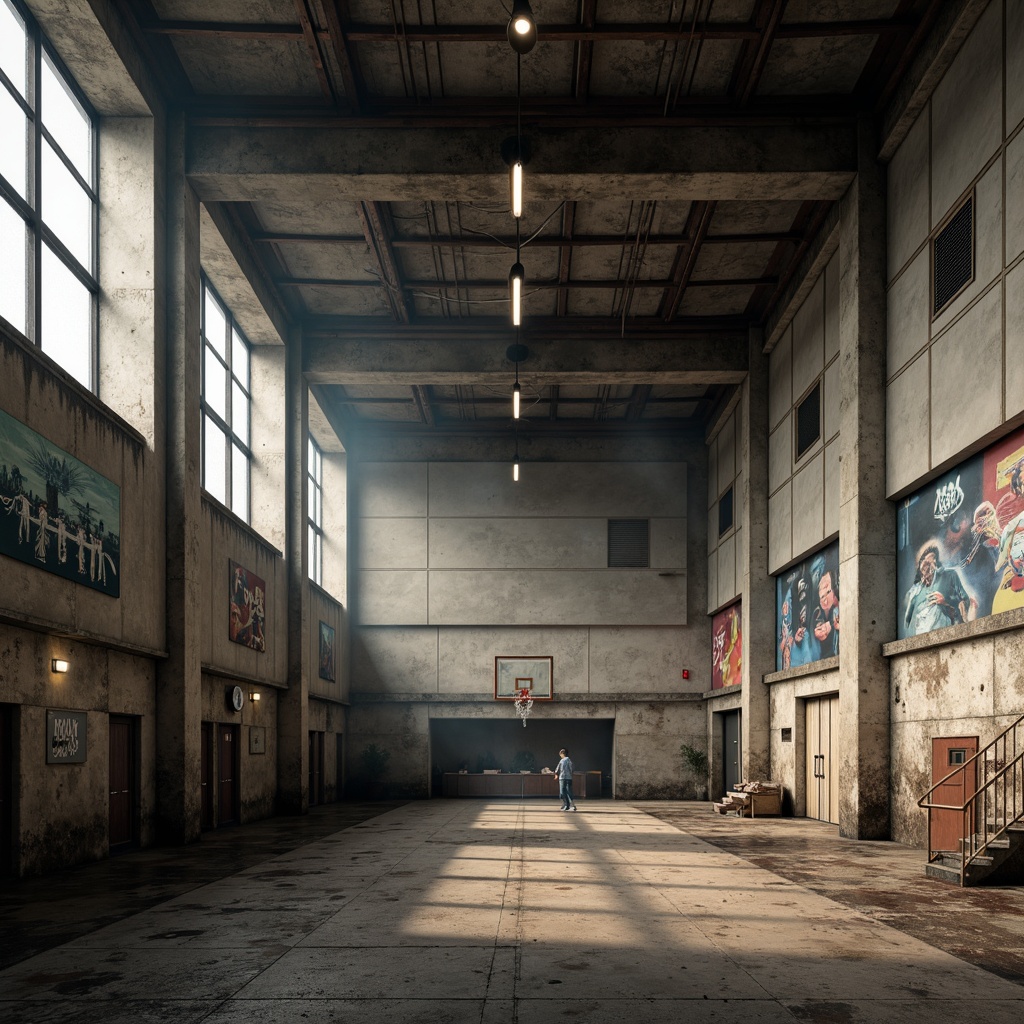 Prompt: Gymnasium brutalist architecture, exposed concrete walls, industrial metal beams, raw steel columns, distressed wood accents, muted earth tones, weathered stone flooring, cold harsh lighting, dramatic shadows, atmospheric misting, intense color contrasts, bold graphic patterns, geometric shapes, abstract murals, athletic equipment silhouettes, vintage sporty textures, moody ambient atmosphere, cinematic low-key lighting, 2.35