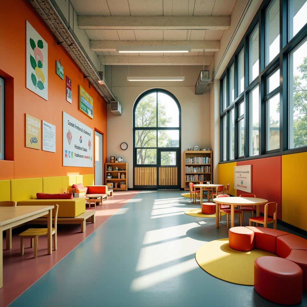 Prompt: Secure kindergarten building, bright colors, rounded edges, soft flooring, padded walls, impact-resistant materials, safety gates, secure doors, electronic access control, CCTV cameras, emergency exit signs, fire alarms, smoke detectors, first aid kits, nurse's station, clean bathrooms, hand sanitizer stations, natural light, non-toxic paint, eco-friendly furniture, educational posters, interactive whiteboards, cozy reading nooks, circular tables, soft cushion chairs, playground surveillance, shock-absorbing surfaces, fall zones, 1/2 composition, warm lighting, shallow depth of field.