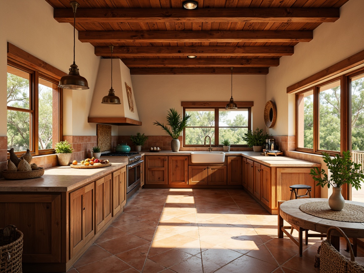 Prompt: Southwestern kitchen, warm earthy tones, rustic wooden cabinetry, terracotta tiles, pendant lighting fixtures, soft warm glow, recessed ceiling lights, natural stone countertops, woven textiles, vibrant turquoise accents, desert botanicals, large windows, abundance of natural light, warm sunny day, shallow depth of field, 1/2 composition, realistic textures, ambient occlusion.