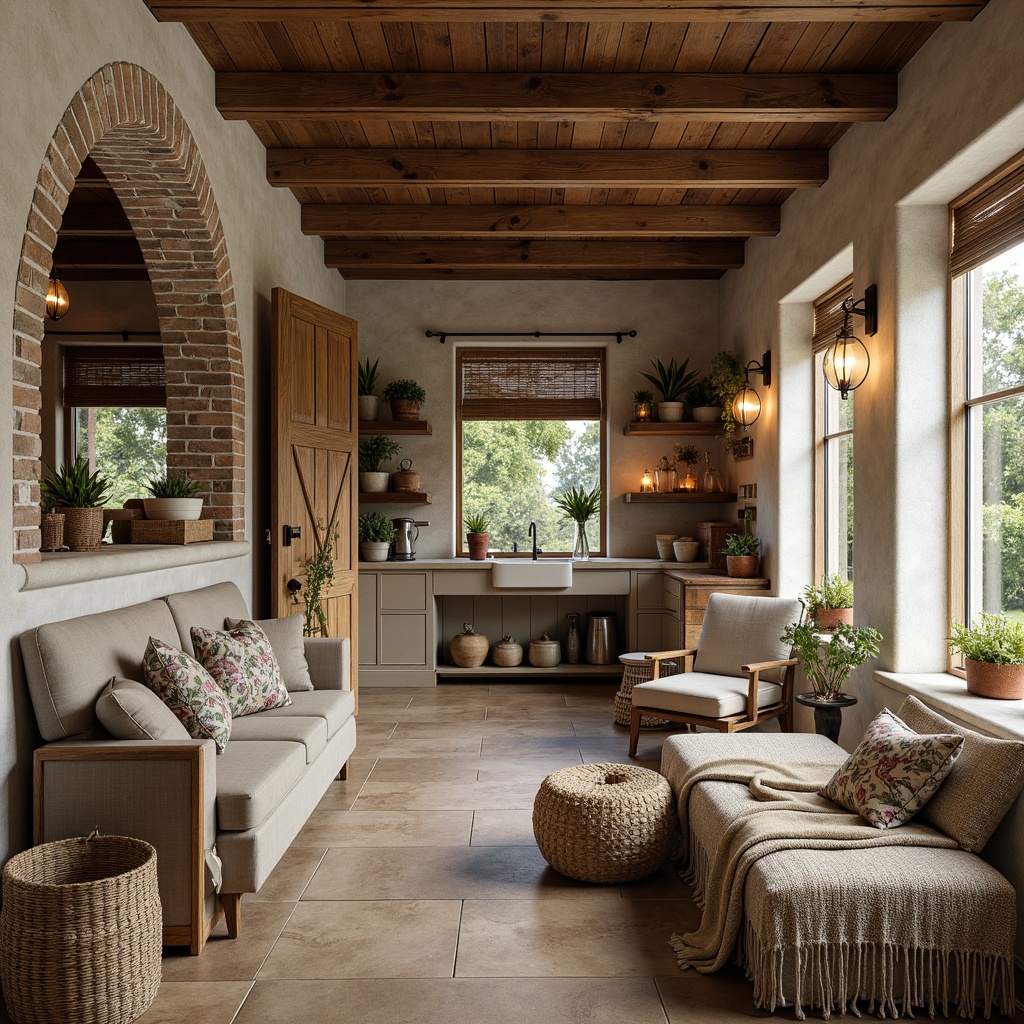 Prompt: Rustic farmhouse interior, reclaimed wood accents, distressed finishes, vintage decor, earthy tones, natural stone walls, brick archways, wooden beams, plush throw blankets, woven baskets, potted greenery, soft candlelight, warm neutral colors, linen fabrics, burlap textures, galvanized metal accents, antique furniture pieces, floral patterns, cozy nooks, farmhouse sink, shiplap paneling, organic shapes, natural materials, inviting atmosphere, soft focus, warm color palette.